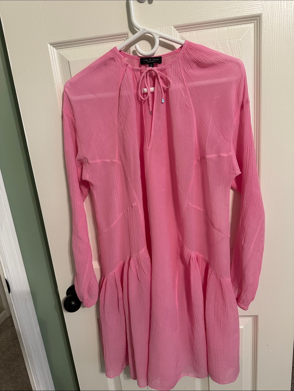 Rag & Bone Silk & Cotton Pink Long-Sleeve Tie-Neck Mini Dress